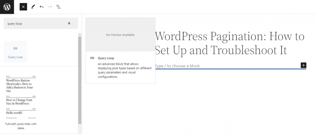 Adding a Query Loop block in WordPress Gutenberg.