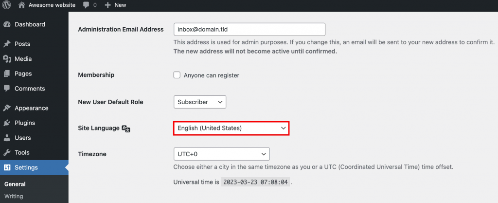 WordPress language settings.