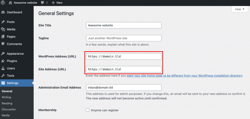 WordPress General Settings. WordPress Address and Site Address fields highlighted